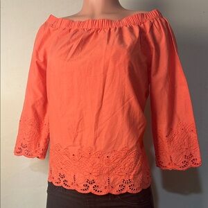 Tommy Hilfiger Off Shoulder Eyelet Embroidered CottonBlouse Top Coral Pink Sz SP